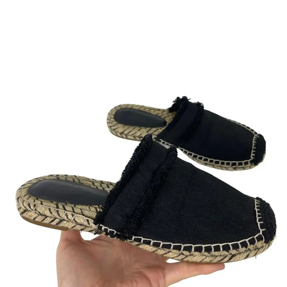 JOIE Black Cain Fringe Espadrille Mules Slides Shoes Size 39 US 9